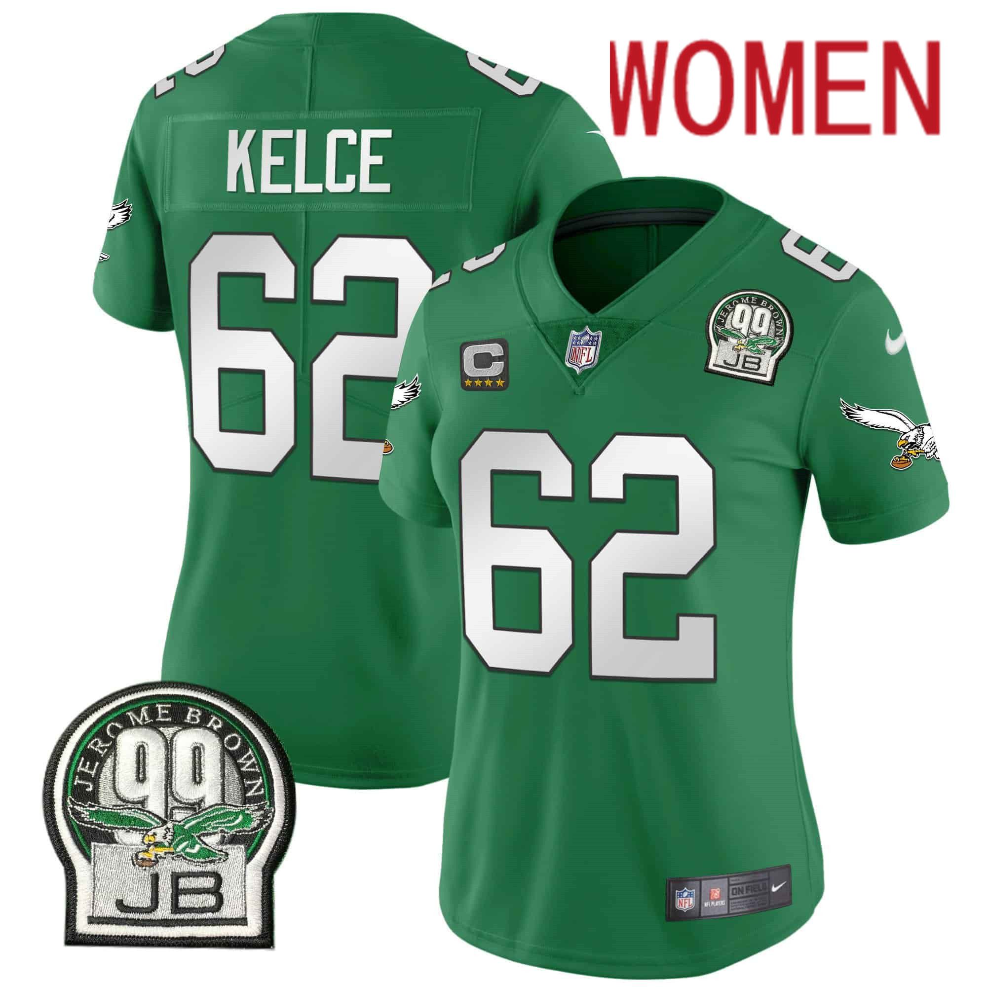 Women Philadelphia Eagles 62 Kelce Green 2024 Nike Jerome Brown Patch Alternate Limited NFL Jersey style 1